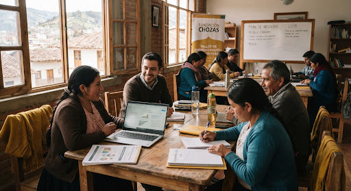 Fotografía documental de un taller de emprendimiento comunitario en Loja, Ecuador. Personas locales y facilitadores sentados en mesas de madera trabajando en cuadernos y pantallas simples, con luz natural cálida andina que entra por grandes ventanas, estilo editorial sobrio con tonos terrosos y acentos mostaza.
